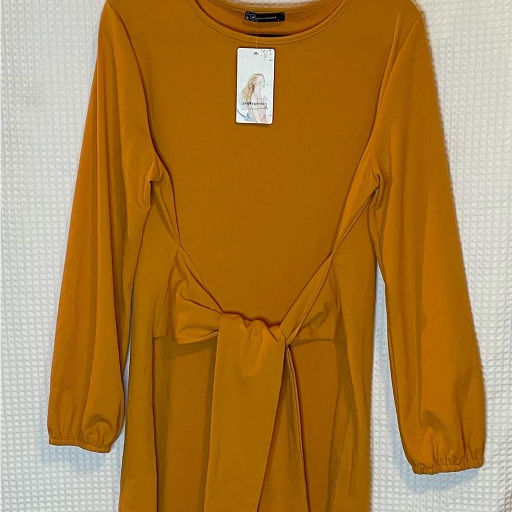 Prettygarden Mustard Gold Sheath Dress with Long Bishop Sleeves size LG NWT
